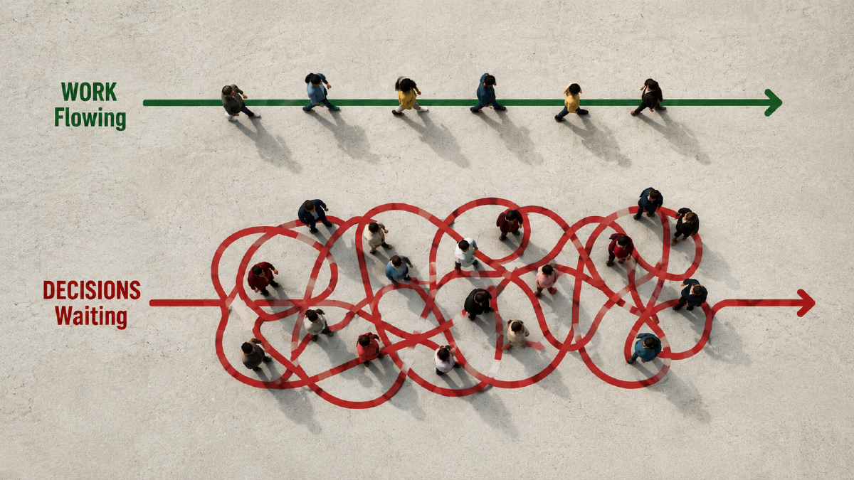 Aerial view of people standing on pale concrete. Along the top, a straight green arrow labelled Work flowing carries six people walking steadily in one direction. Below it, a red line labelled Decisions waiting enters from the left and collapses into a dense tangle of loops, where around sixteen people stand still, before straightening into an arrow again on the far right.